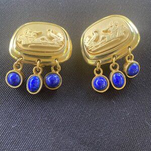 ETRUSCAN REVIVAL Vintage 1980's Gold Tone Clip Earrings Faux Lapis Stones